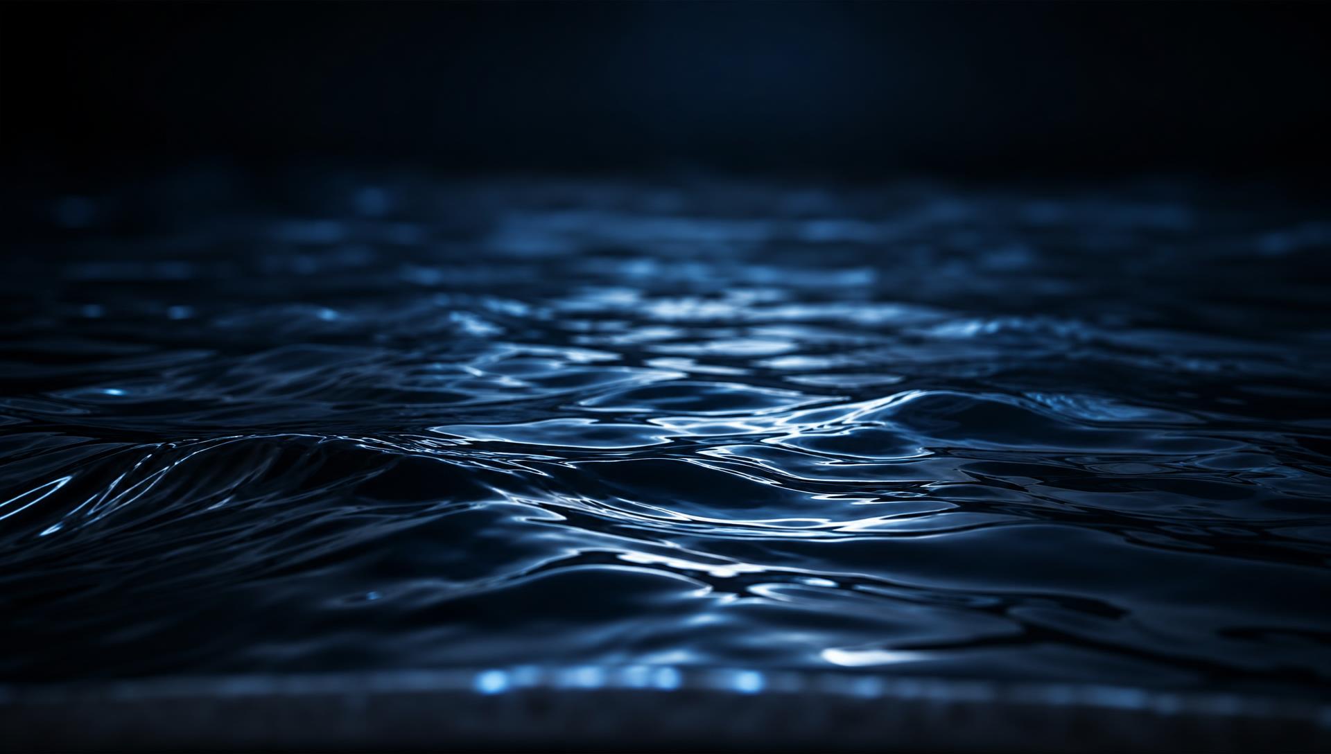 Close-up of blue cold plunge water with ripples and rising steam
